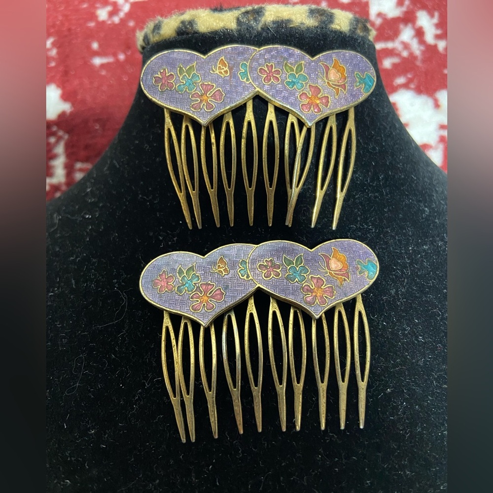 Vintage Cloisonné Pair of Hair Combs.